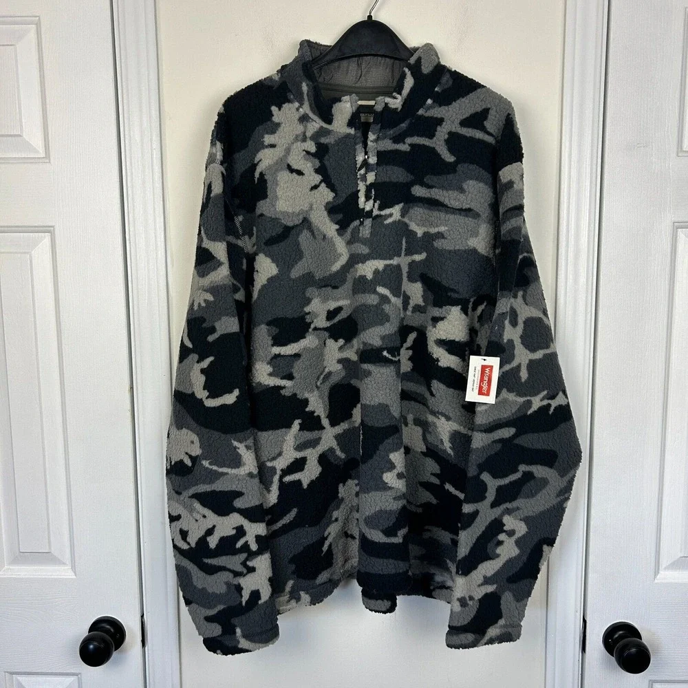NEW Wrangler Mens 2XL‎ Sherpa Fleece 1/4 Zip Gray Camo Shacket Shirt Jacket